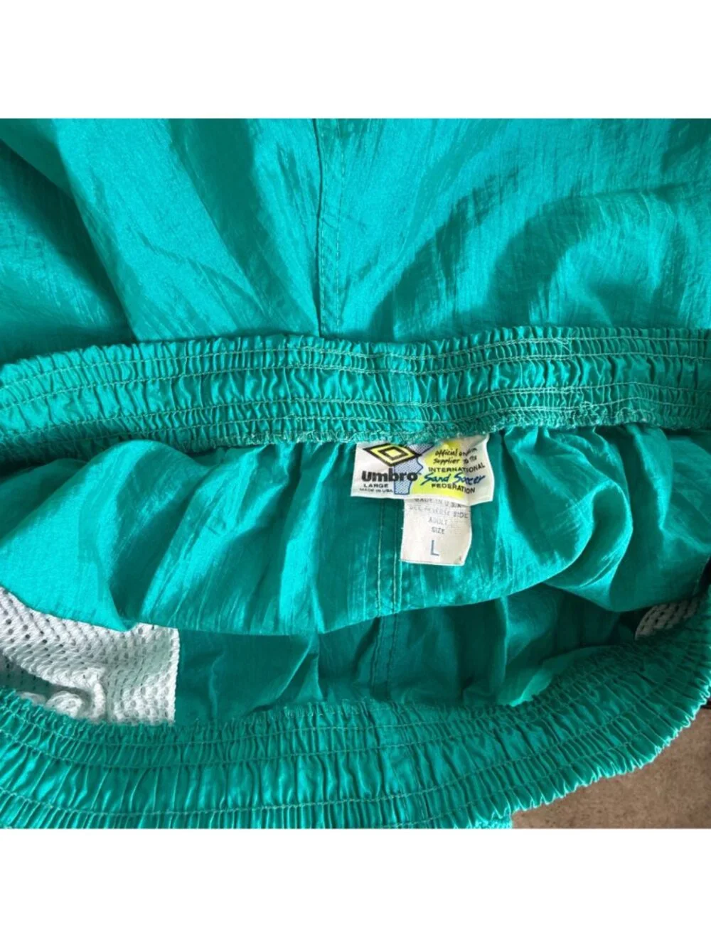Vintage 90s Umbro Colorblock Nylon Soccer Shorts Purple Teal Split USA Sz L